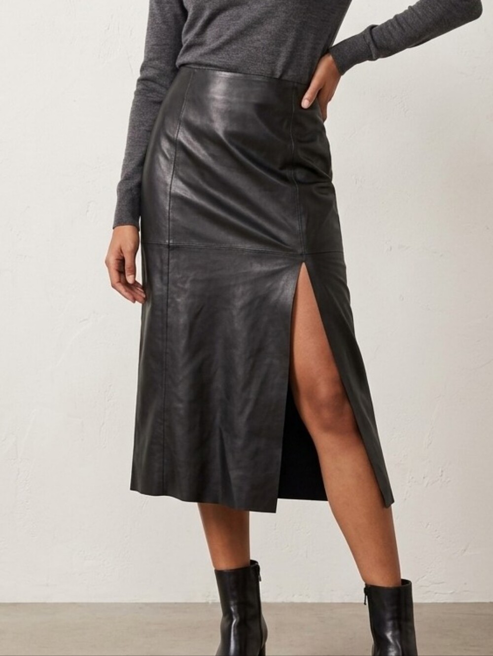 Zara Black Supple Faux Leather Midi Skirt Front High Slit Sz Size L Large